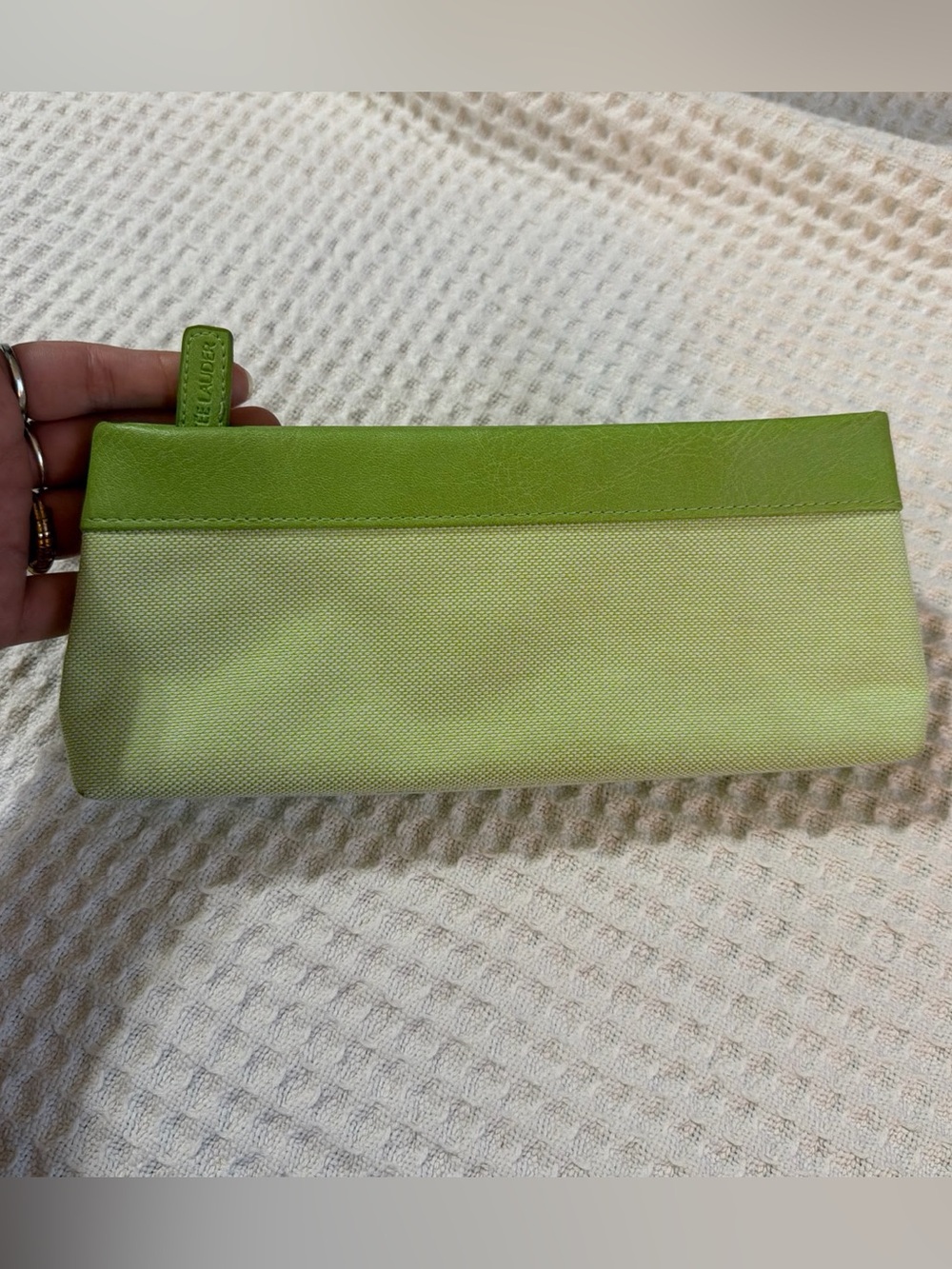 Estee Lauder Light Green Canvas Cosmetic Pouch with Lime Leather Trim